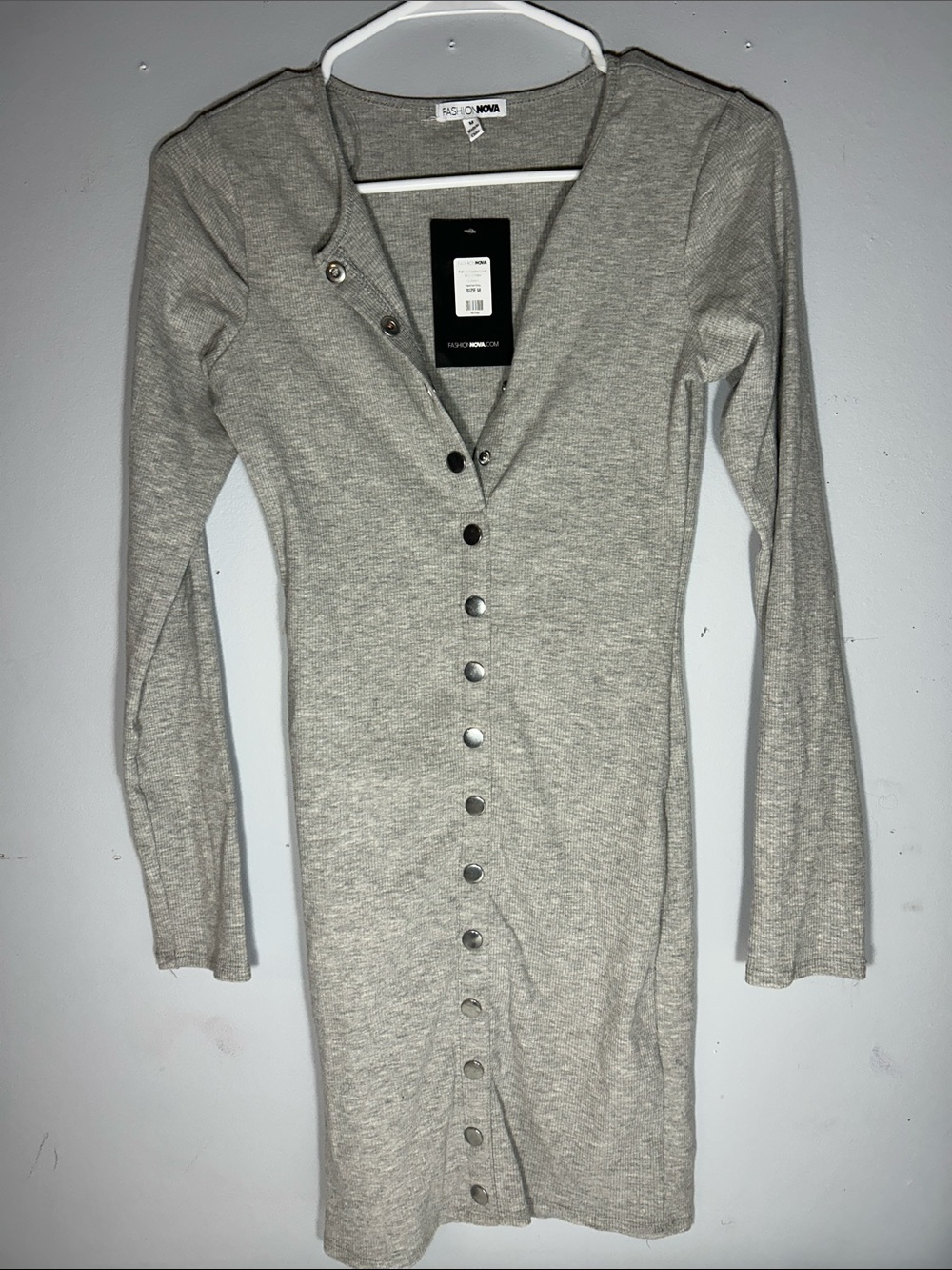 Fashion Nova Light Gray Long Sleeve Button-Front Knit Dress